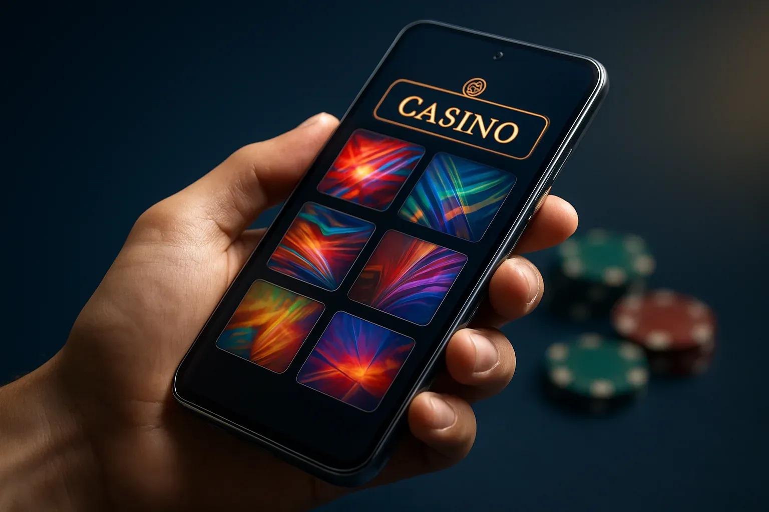 Cinematic flagship Android phone showing vivid casino app interface, dark blue background