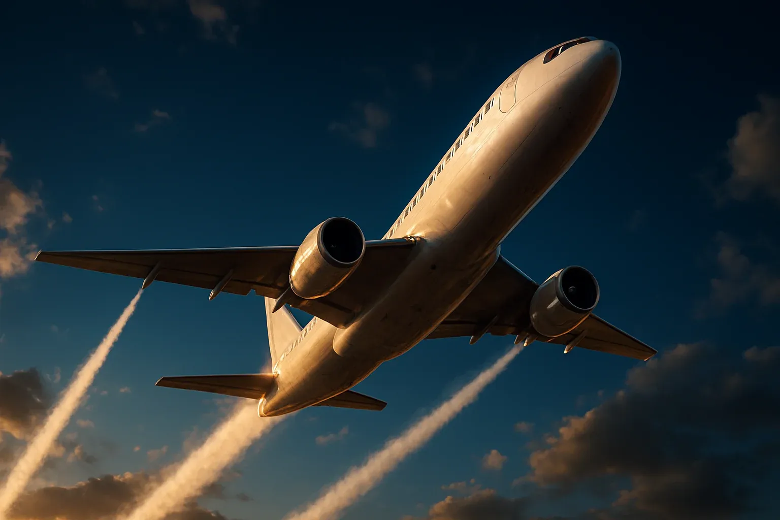 Hyperrealistic white jet climbing steeply in deep blue sky with contrails