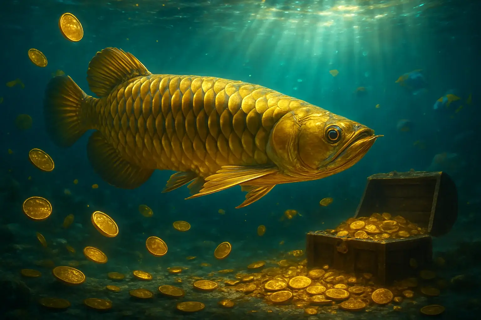 Hyperrealistic underwater golden dragon fish surrounded by coins and treasure