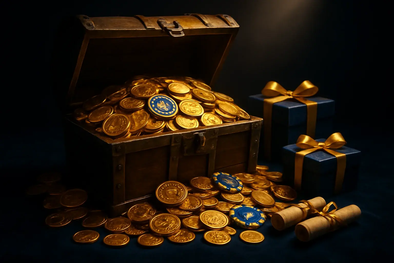 Overflowing treasure chest with gold coins, casino chips, vouchers, and gift boxes