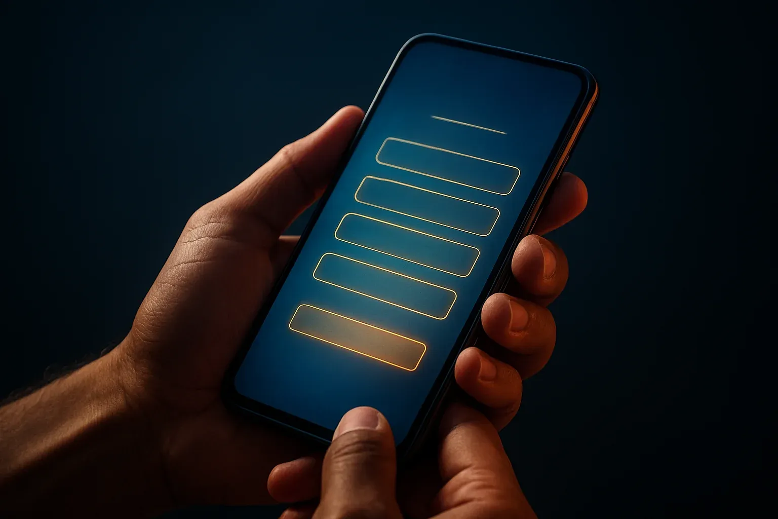 Filipino man hands holding smartphone with blurred registration screen, blue gold glow