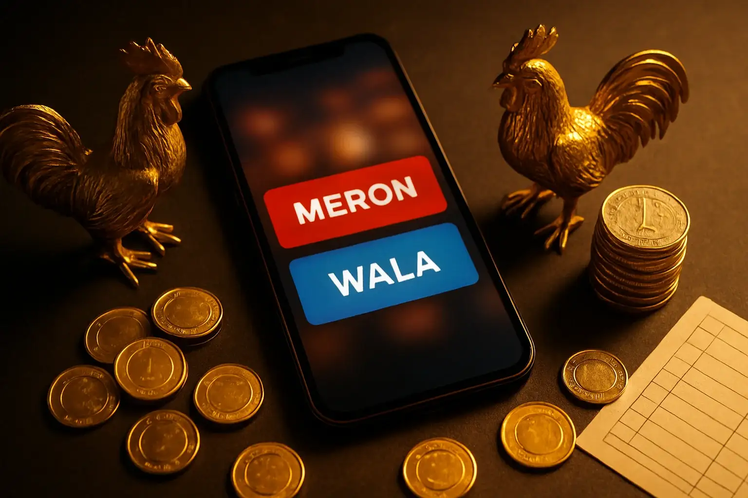 Smartphone sabong betting interface with golden roosters, peso coins, and chips