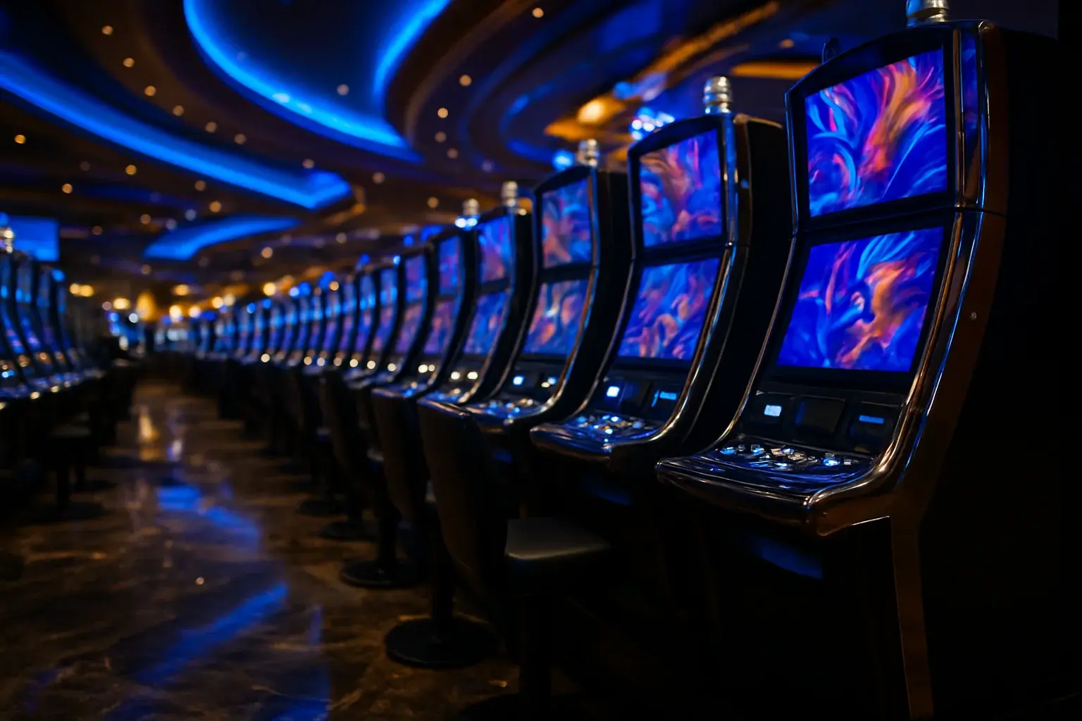 Premium Manila casino slots floor at night with blue gold lighting